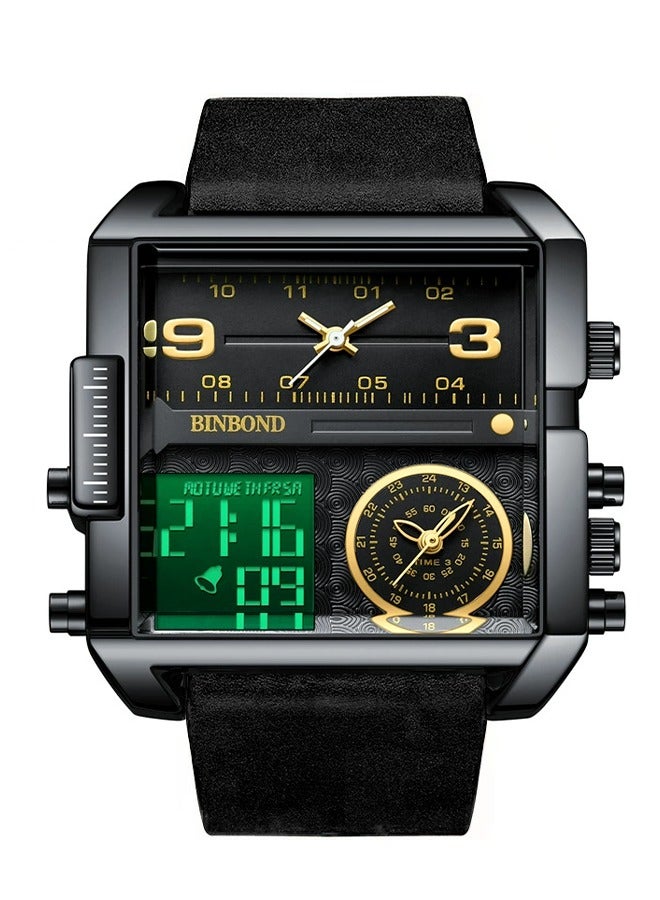 BINBOND ​​BINBOND Men's Multi-Function Sport Watch - Black Stainless Steel Case with Black Leather Strap, Gold-Tone Markers on Oversized Dial, Quartz Movement, 30M Water Resistance, Modern Sport Style for Daily & Casual Wear​​  - Image 1