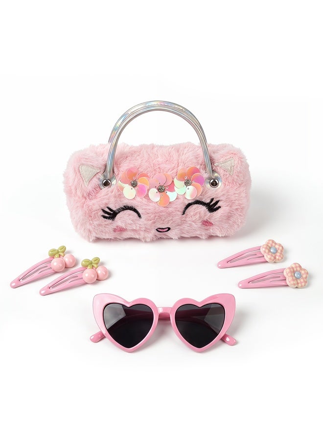 SOOO GOOD Sunglasses Set with Cute Plush Cat Glasses Case, Heart Shaped Shades and 4 Pcs Hair Clips, Fashion Party Dress Up Accessories,Suitable for Beaches, Outdoor Activities, and Parties - Image 1