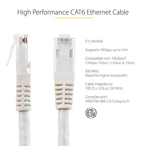 StarTech.com 8ft CAT6 Ethernet Cable - White CAT 6 Gigabit Ethernet Wire -650MHz 100W PoE++ RJ45 UTP Molded Category 6 Network/Patch Cord w/Strain Relief/Fluke Tested UL/TIA Certified (C6PATCH8WH) - Image 3