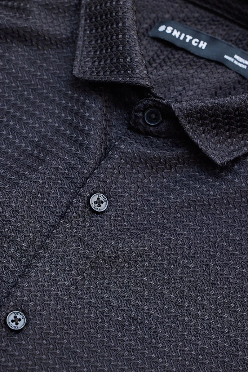 SNITCH Black Textured Long Sleeve Slim Fit Casual Shirt