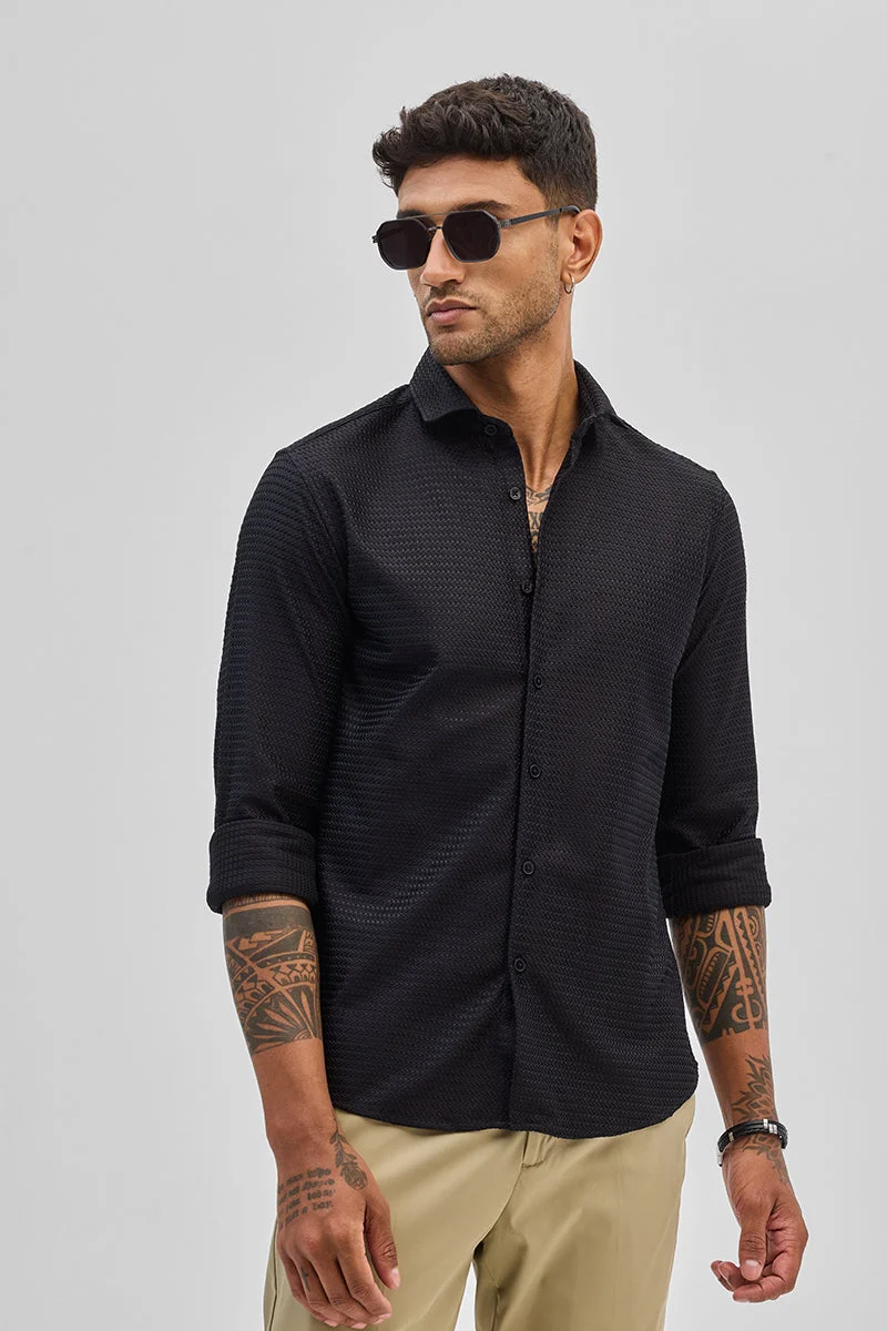 SNITCH Black Textured Long Sleeve Slim Fit Casual Shirt