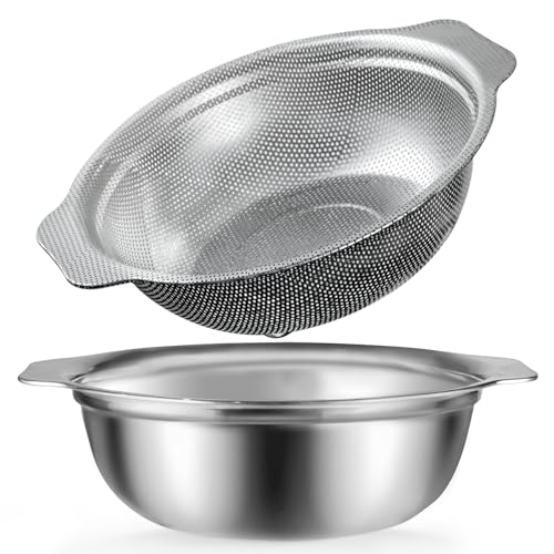 POPGRADE Stainless Steel Colander 45QT Large Capacity with Mixing Bowl Rice Washing Bowl with Strainer for Washing Vegetables Fruit Spaghetti Pasta Strainer Dishwasher Safe2PC - Image 1