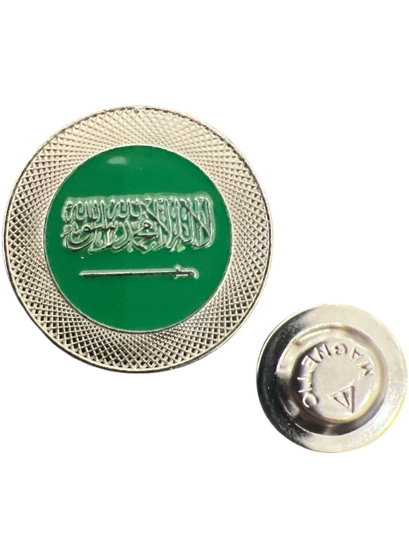 سعودي بروش علم السعودية دائري بإطار فضي, إكسسوار مميز لليوم الوطني السعودي والمناسبات الوطنية