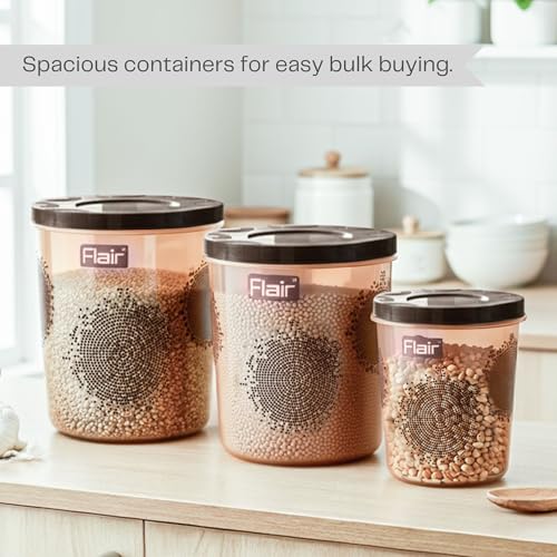 FLAIR Plastic Storage Jars & Kitchen Mate Classic Containers Set- (4700/7000/10000 ml) | BPA-Free, Air-Tight Kitchen Storage Set for Spices, Atta, Grains, and More | Dishwasher Safe, Stackable (Brown) - Image 5