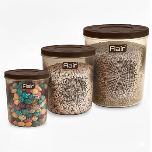 FLAIR Plastic Storage Jars & Kitchen Mate Classic Containers Set- (4700/7000/10000 ml) | BPA-Free, Air-Tight Kitchen Storage Set for Spices, Atta, Grains, and More | Dishwasher Safe, Stackable (Brown) - Image 1