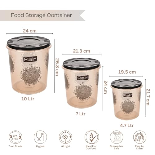 FLAIR Plastic Storage Jars & Kitchen Mate Classic Containers Set- (4700/7000/10000 ml) | BPA-Free, Air-Tight Kitchen Storage Set for Spices, Atta, Grains, and More | Dishwasher Safe, Stackable (Brown) - Image 2