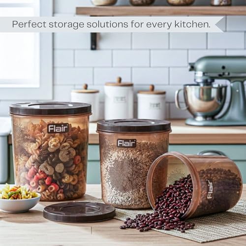 FLAIR Plastic Storage Jars & Kitchen Mate Classic Containers Set- (4700/7000/10000 ml) | BPA-Free, Air-Tight Kitchen Storage Set for Spices, Atta, Grains, and More | Dishwasher Safe, Stackable (Brown) - Image 4