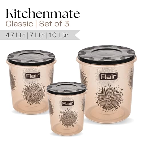 FLAIR Plastic Storage Jars & Kitchen Mate Classic Containers Set- (4700/7000/10000 ml) | BPA-Free, Air-Tight Kitchen Storage Set for Spices, Atta, Grains, and More | Dishwasher Safe, Stackable (Brown) - Image 3