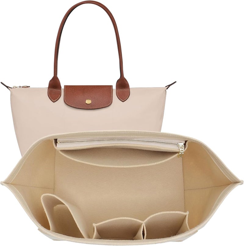 Doxo Purse Organizer Insert for Longchamp Le Pliage Tote, Large Bag Organizer with 8 Compartments, YKK Zipper Pocket Cup Holder, Handbag Shaper for Women, Fits Original/Green/Energy L Tote (Beige, WL) - Image 1