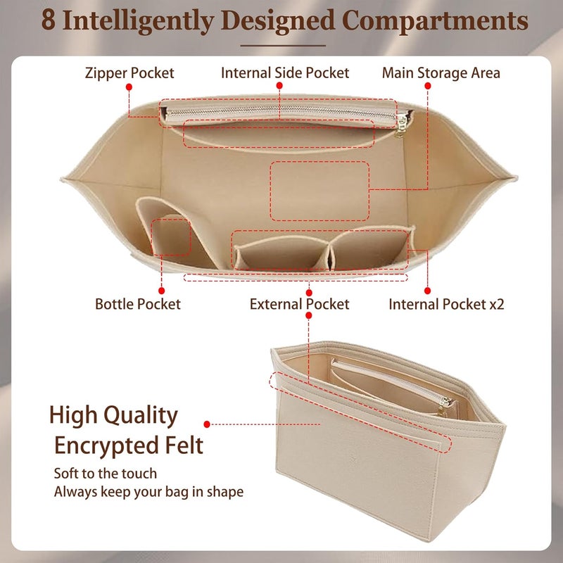 Doxo Purse Organizer Insert for Longchamp Le Pliage Tote, Large Bag Organizer with 8 Compartments, YKK Zipper Pocket Cup Holder, Handbag Shaper for Women, Fits Original/Green/Energy L Tote (Beige, WL) - Image 4