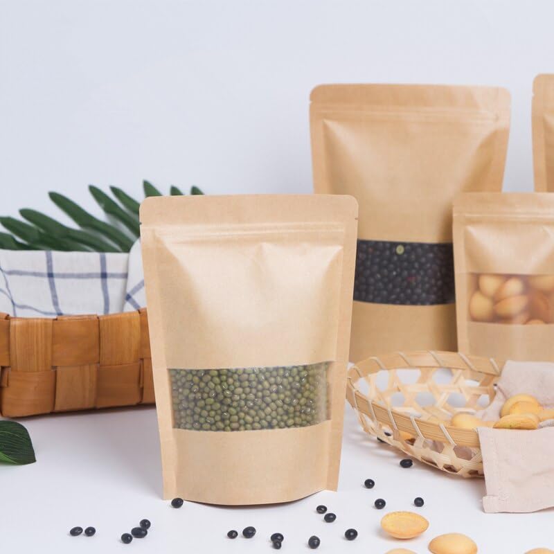 ZYGOMA ZYGOMA Brown Kraft Paper Standup Pouches Zipper Reusable Airtight Food Storage Pouch Rectangular Transparent Window Inside Lamination Food Grade Food Storage pouches 100 110mmX170mm - Image 5