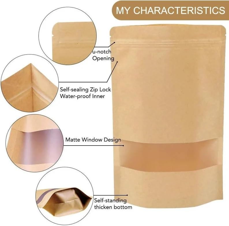 ZYGOMA ZYGOMA Brown Kraft Paper Standup Pouches Zipper Reusable Airtight Food Storage Pouch Rectangular Transparent Window Inside Lamination Food Grade Food Storage pouches 100 110mmX170mm - Image 3