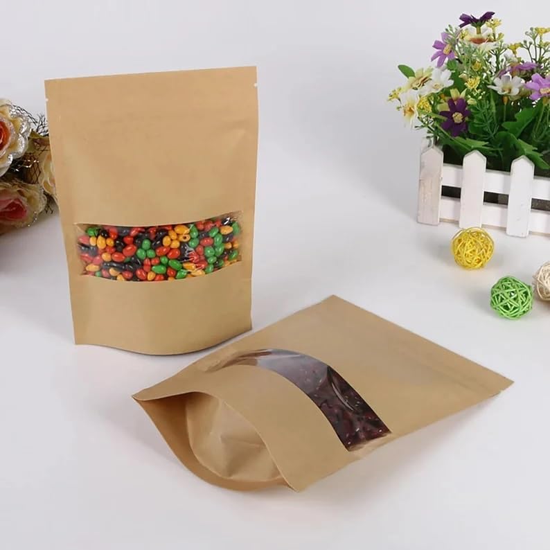ZYGOMA ZYGOMA Brown Kraft Paper Standup Pouches Zipper Reusable Airtight Food Storage Pouch Rectangular Transparent Window Inside Lamination Food Grade Food Storage pouches 100 110mmX170mm - Image 2