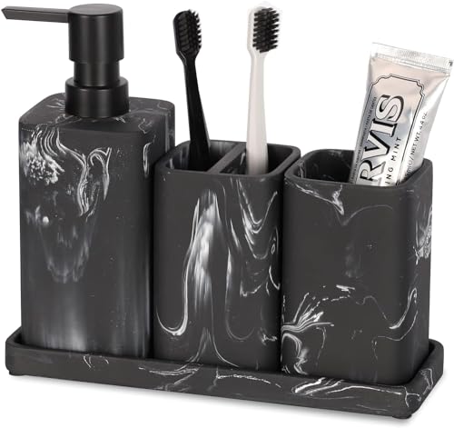 ZCCZ Black Bathroom Accessory Sets, 4 Pieces Bathroom Accessories Complete Set Vanity Countertop Accessory Set Marble Look, Includes Lotion Dispenser Soap Pump, Tumbler, Toothbrush Holder and Tray - Image 2
