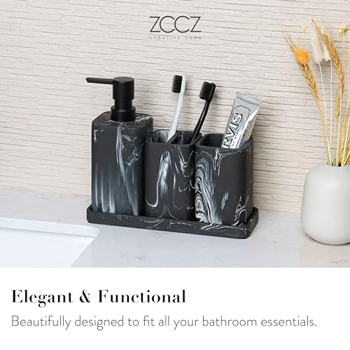ZCCZ Black Bathroom Accessory Sets, 4 Pieces Bathroom Accessories Complete Set Vanity Countertop Accessory Set Marble Look, Includes Lotion Dispenser Soap Pump, Tumbler, Toothbrush Holder and Tray - Image 3