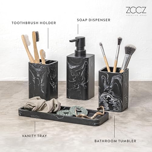 ZCCZ Black Bathroom Accessory Sets, 4 Pieces Bathroom Accessories Complete Set Vanity Countertop Accessory Set Marble Look, Includes Lotion Dispenser Soap Pump, Tumbler, Toothbrush Holder and Tray - Image 4