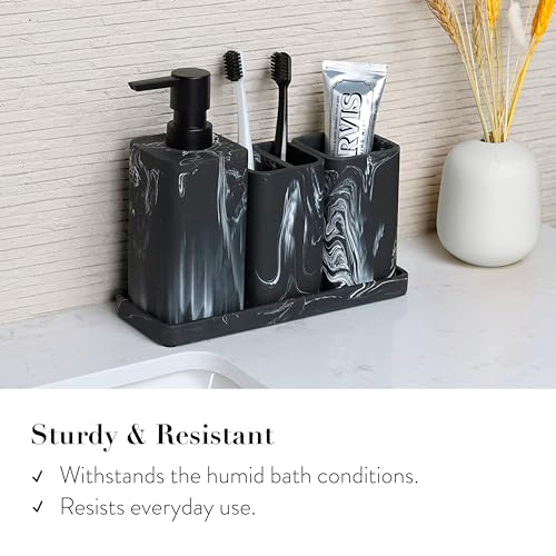 ZCCZ Black Bathroom Accessory Sets, 4 Pieces Bathroom Accessories Complete Set Vanity Countertop Accessory Set Marble Look, Includes Lotion Dispenser Soap Pump, Tumbler, Toothbrush Holder and Tray - Image 5