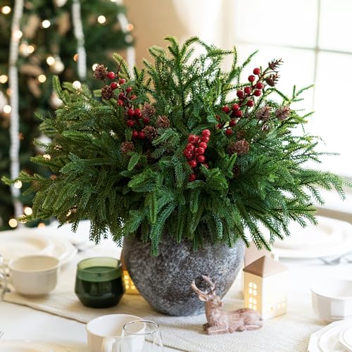 HyeFlora 17 PCS Christmas Norfolk Pine Stems with Small Pinecones and Red Berries Branches19 Inch Real Touch Artificial DIY Greenery Pine Needles Faux Cedar Pines Picks for Wreath Garland Xmas Dcor - Image 3