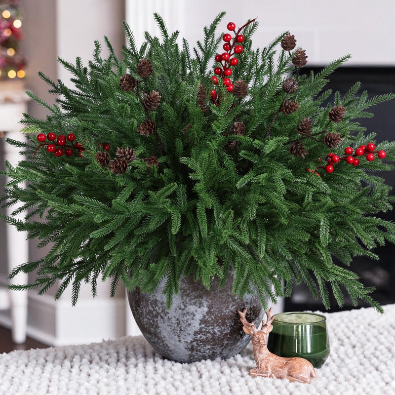 HyeFlora 17 PCS Christmas Norfolk Pine Stems with Small Pinecones and Red Berries Branches19 Inch Real Touch Artificial DIY Greenery Pine Needles Faux Cedar Pines Picks for Wreath Garland Xmas Dcor - Image 2