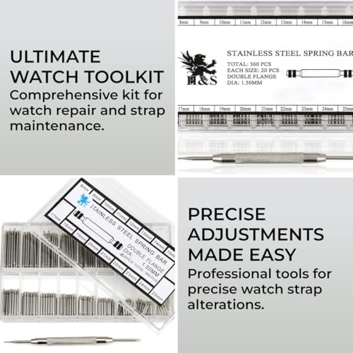 HST H&S Watch Band Pins & Link Removal Repair Tool Kit - Stainless Steel Watch Replacement Tool Kit with Case - 360pcs -Watch Strap Spring Bars for Men & Women Watches - Image 2