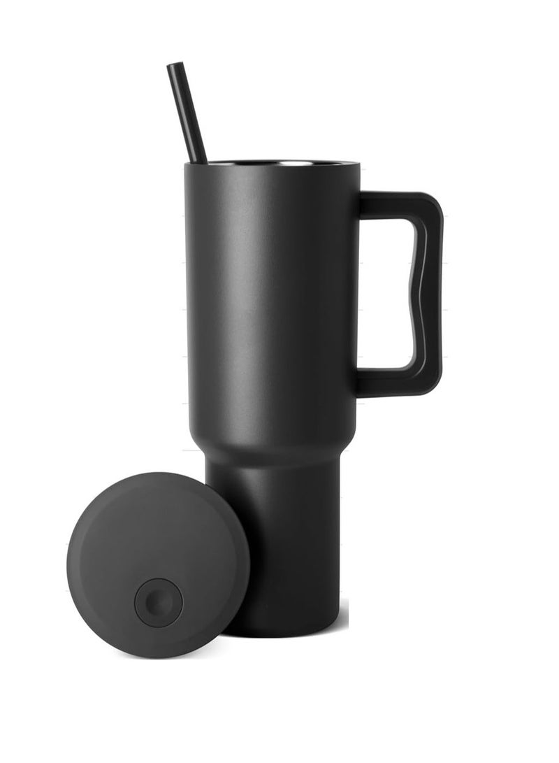 TDAO Keep Warm and Cool Simple Modern Stainless Steel Tumbler/Cup/Water Bottle with Handle and Straw Lid for Tea, Coffee, Milk and Water 1200 ML Black - Image 3