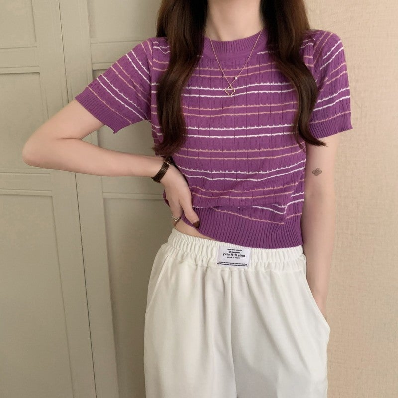 2024 Striped Thin Knit Short-Sleeve T-Shirt Women'S Fashion Trendy Short Top Base Shirt Trendy - Image 1