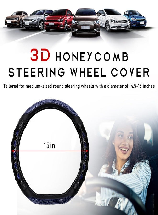 DXNQ Car Steering Wheel Cover, 15 Inches 3D Honeycomb Design Car Steering Wheel Protector with Comfy Grip, Breathable Anti-Slip D-Shaped Steering Wheel Sleeve for Most Vehicles (Blue) - Image 2