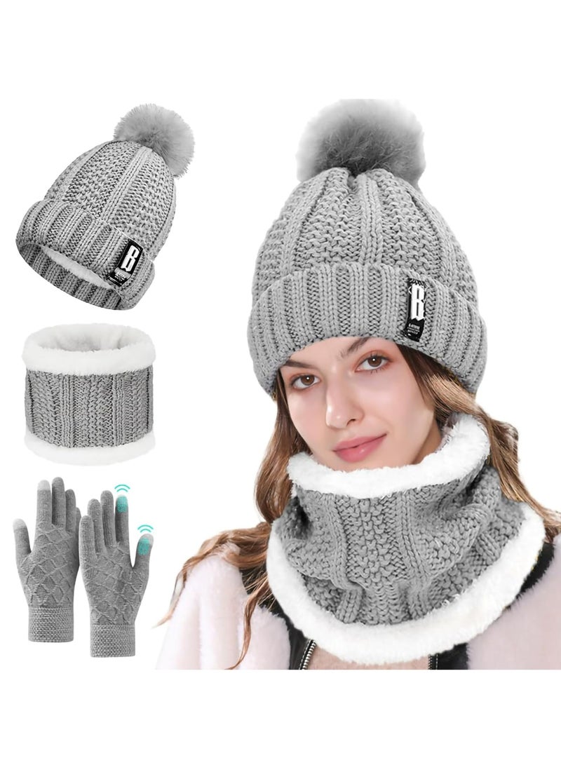 CMGTYYD CMGTYYD Winter Hat Scarf Glove Set, Women Knitted Pom Beanie Hat Circle Scarf and Finger Touch Screen Glove 3 in 1 with Winter Warm Thicken Soft Fleece Lining for Women Daily Ski Outdoor Sports Winter Gift  - Image 1