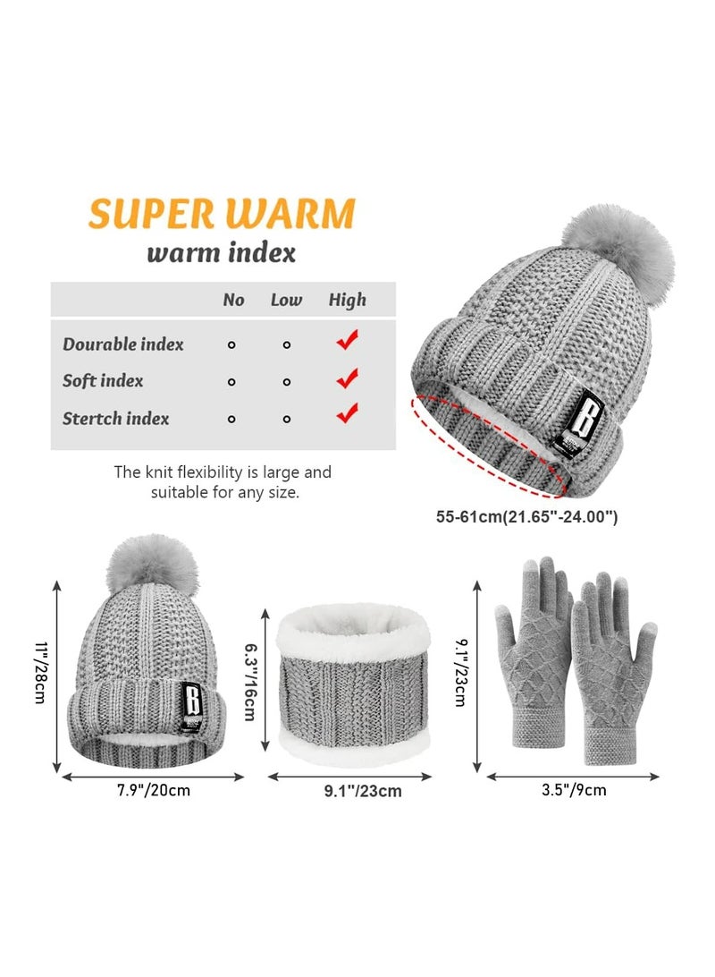 CMGTYYD CMGTYYD Winter Hat Scarf Glove Set, Women Knitted Pom Beanie Hat Circle Scarf and Finger Touch Screen Glove 3 in 1 with Winter Warm Thicken Soft Fleece Lining for Women Daily Ski Outdoor Sports Winter Gift  - Image 2