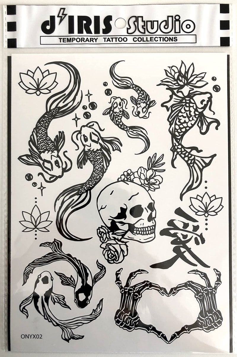 d'IRIS studio Temporary Tattoos for Adult Women - 2 Sheets - Black Big Ying and Yang Koi Fish Kanji Love Skeleton Heart Hand Skull Lotus Sleeve Adults Tattoo - Image 4