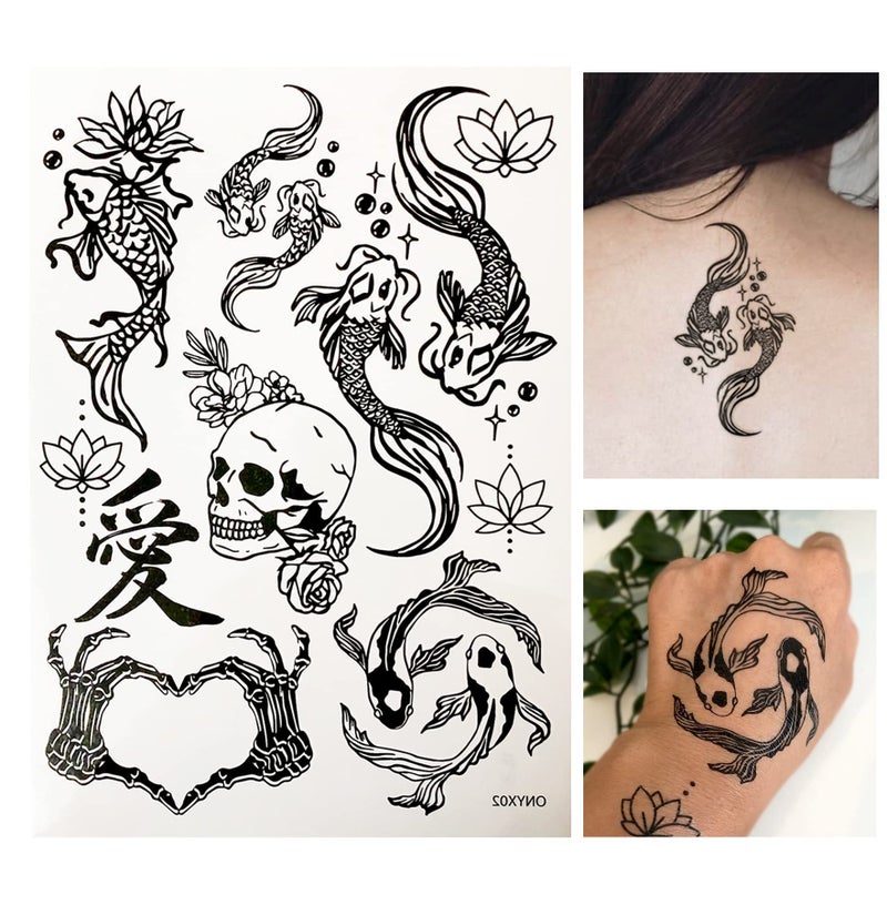 d'IRIS studio Temporary Tattoos for Adult Women - 2 Sheets - Black Big Ying and Yang Koi Fish Kanji Love Skeleton Heart Hand Skull Lotus Sleeve Adults Tattoo - Image 1