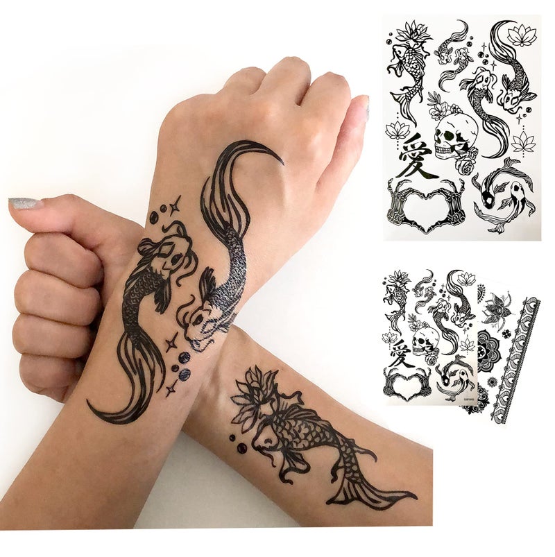 d'IRIS studio Temporary Tattoos for Adult Women - 2 Sheets - Black Big Ying and Yang Koi Fish Kanji Love Skeleton Heart Hand Skull Lotus Sleeve Adults Tattoo - Image 2