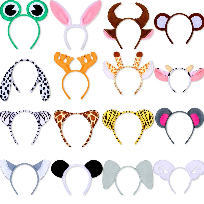 WILLBOND 16 Pieces Animal Headbands Jungle Safari Party Favors Wild One Birthday Decorations Zoo Animal Ear Headbands for Kids Halloween Costume Cosplay Photo Booth Props Party Supplies - Image 1