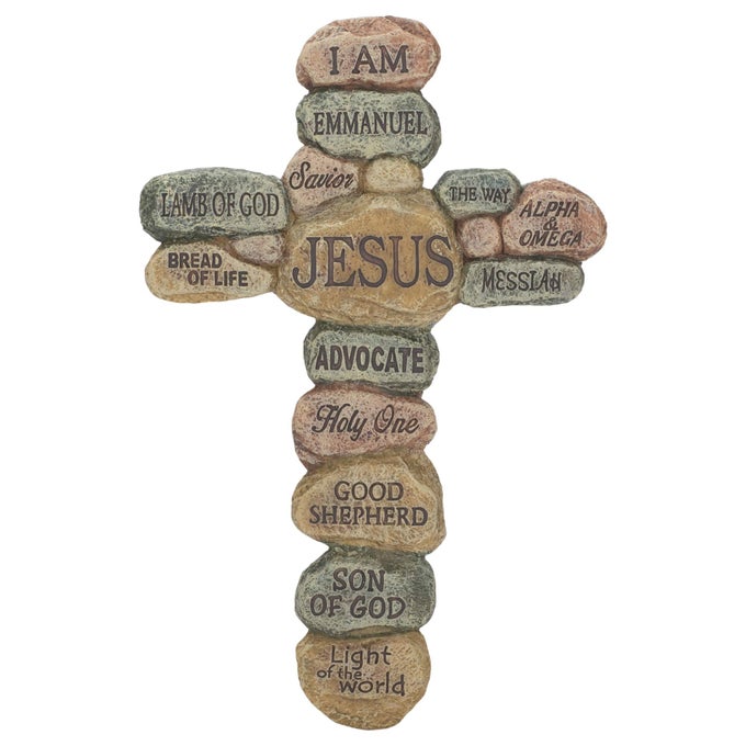 NAMES OF JESUS CHRIST PEBBLE 10 INCH RESIN DECORATIVE HANGING WALL CROSS