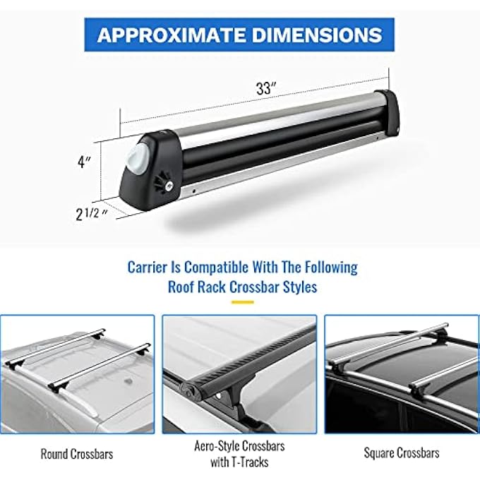 rayihni 33'' Aluminum Universal Ski Roof Rack Fits 6 Pairs Skis or 4 Snowboards, Ski Roof Carrier Fit Most Vehicles Equipped Cross Bars - Image 3