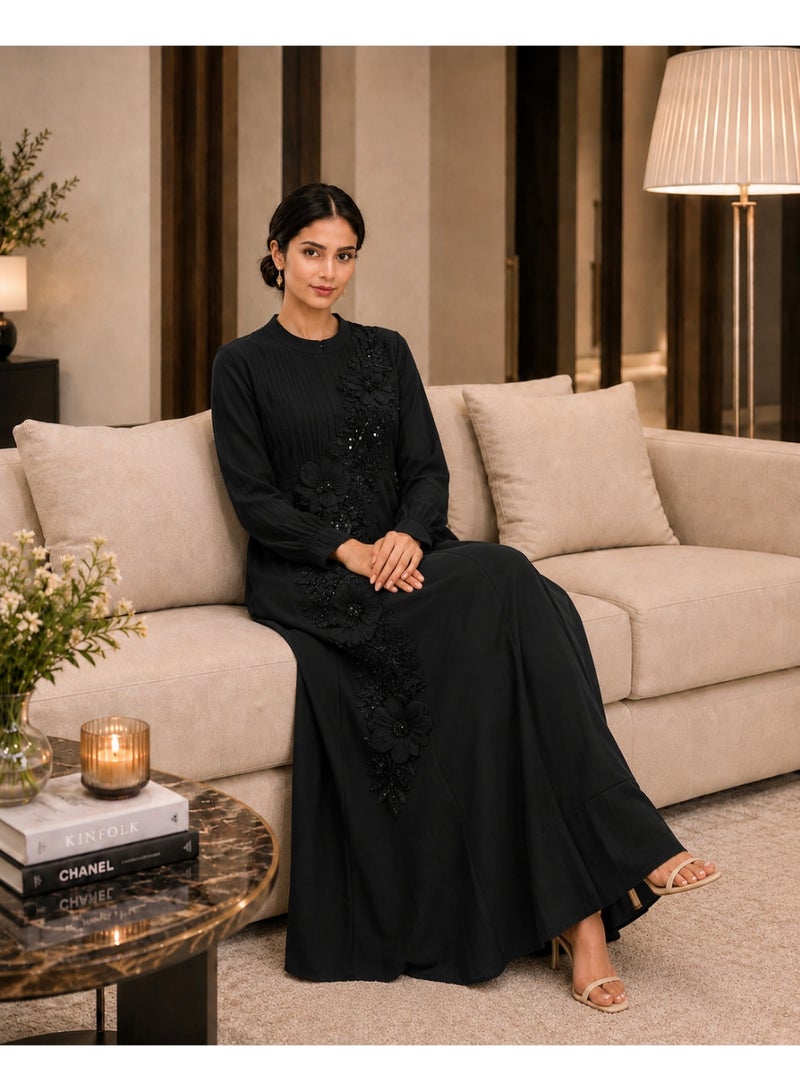 HONO Women's Floral Applique A-Line Maxi Dress Long Sleeve Round Neck Evening Occasion Black - Image 3