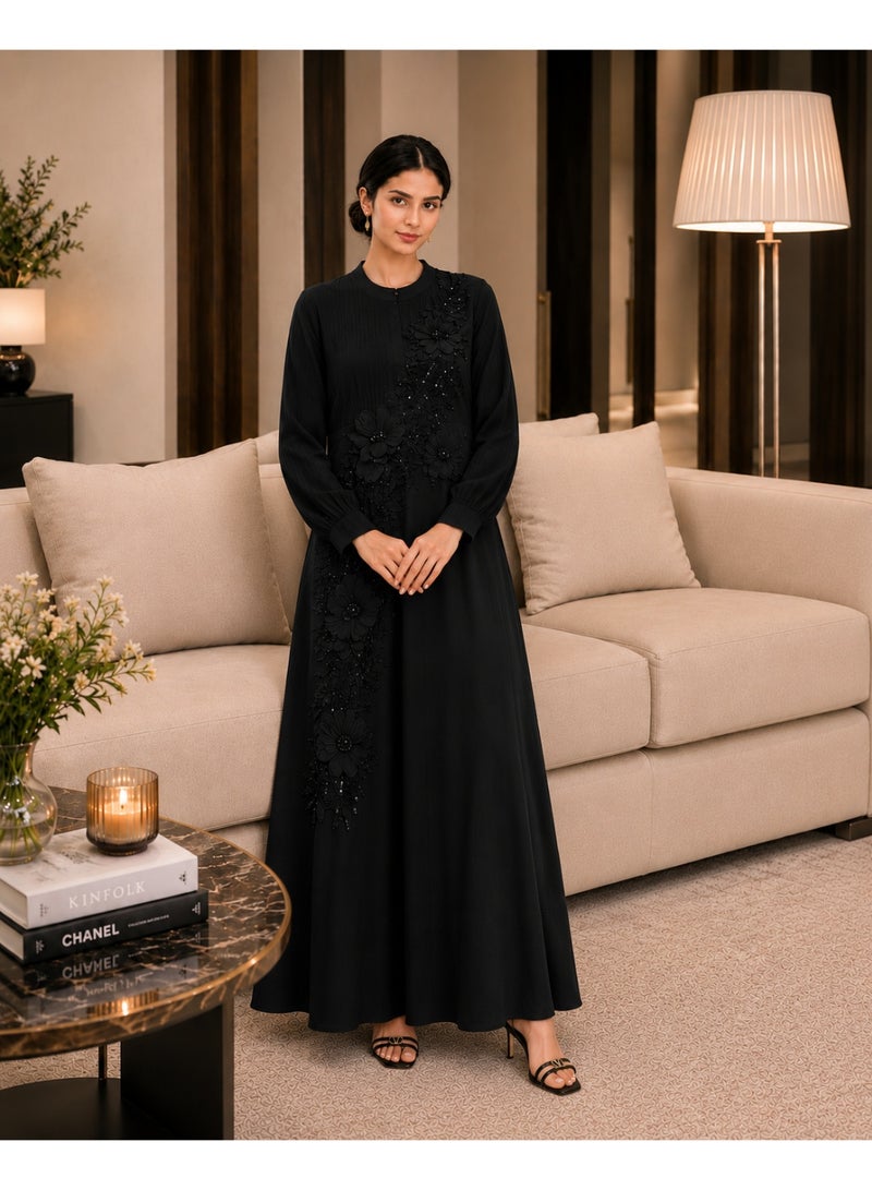 HONO Women's Floral Applique A-Line Maxi Dress Long Sleeve Round Neck Evening Occasion Black - Image 4
