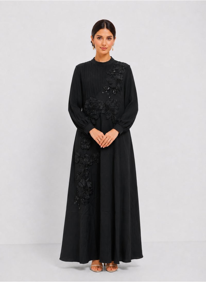 HONO Women's Floral Applique A-Line Maxi Dress Long Sleeve Round Neck Evening Occasion Black - Image 1