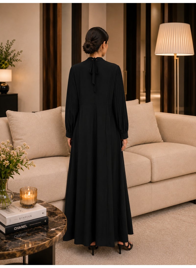 HONO Women's Floral Applique A-Line Maxi Dress Long Sleeve Round Neck Evening Occasion Black - Image 2