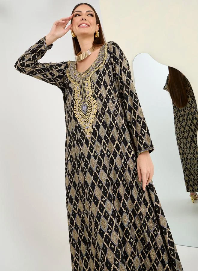 Maxim Creation All Over Block Print Jalabiya With Gold Embroidery by Styli
