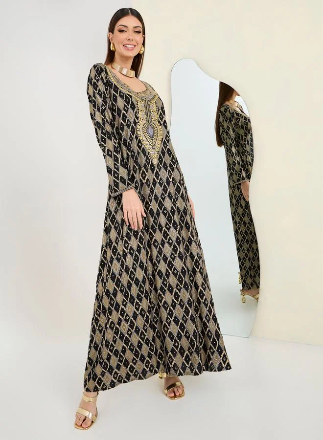 Maxim Creation All Over Block Print Jalabiya With Gold Embroidery by Styli