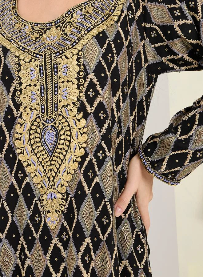 Maxim Creation All Over Block Print Jalabiya With Gold Embroidery by Styli