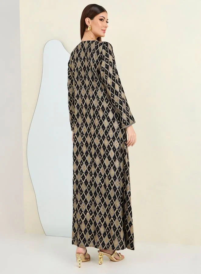 Maxim Creation All Over Block Print Jalabiya With Gold Embroidery by Styli