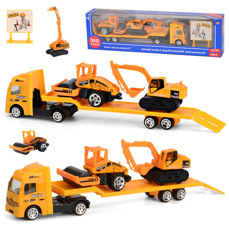 Inertia Slide Toy Trucks 1:64 Mini Alloy Construction Vehicles 4-Piece Set Kids Model 1:64 Engineering Trailer Set 
