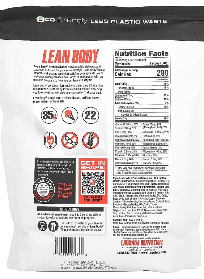 LABRADA Lean Body Protein Shake Drink Mix Chocolate 2.47 lb (1120 g) - Image 2