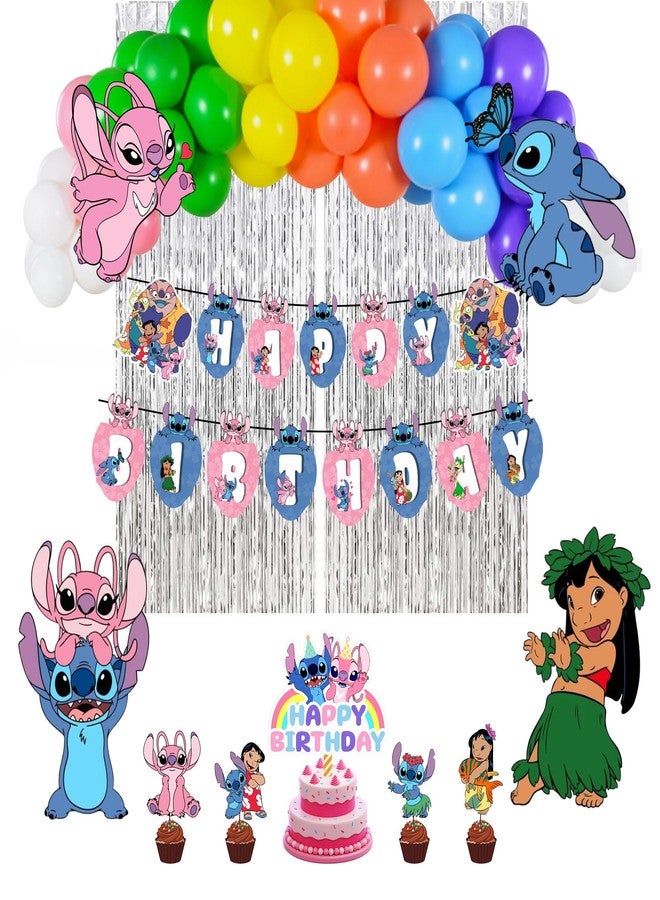 Partyjoy Aloha Stitch Birthday Decoration Kit for Kids – Hawaiian Theme Happy Birthday Banner, Cake Topper, Cupcake Toppers, Cartoon Party Supplies for Boys Girls (With silver curtain) - Image 1