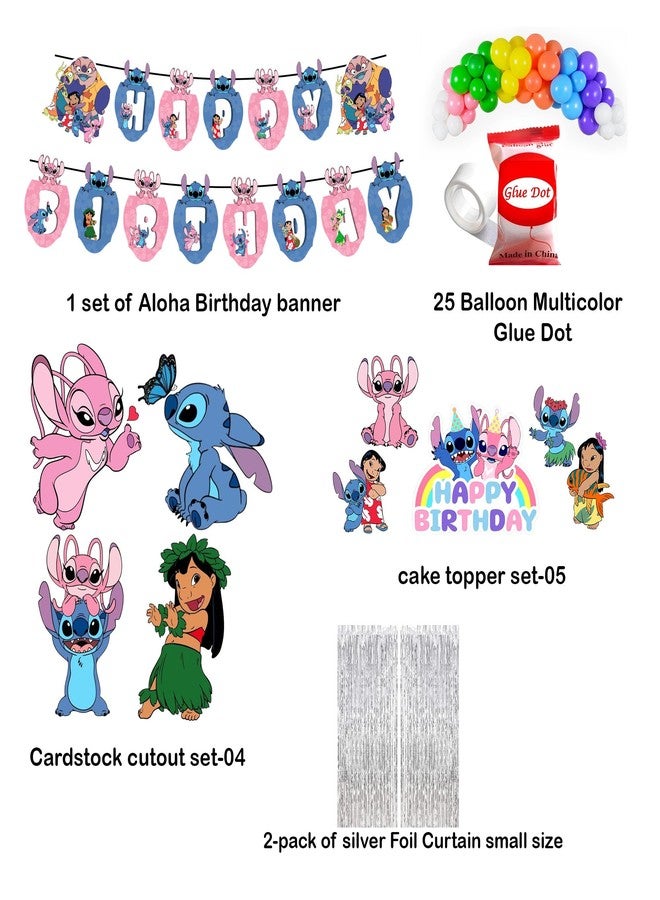 Partyjoy Aloha Stitch Birthday Decoration Kit for Kids – Hawaiian Theme Happy Birthday Banner, Cake Topper, Cupcake Toppers, Cartoon Party Supplies for Boys Girls (With silver curtain) - Image 2