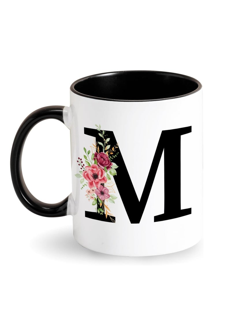 Initial Personalised Mug Alphabet Mug with Flower Pattern Mug with Letter Personalised Gift Mug for Women Black Ceramic Mug Gift for Birthday, Christmas (M)