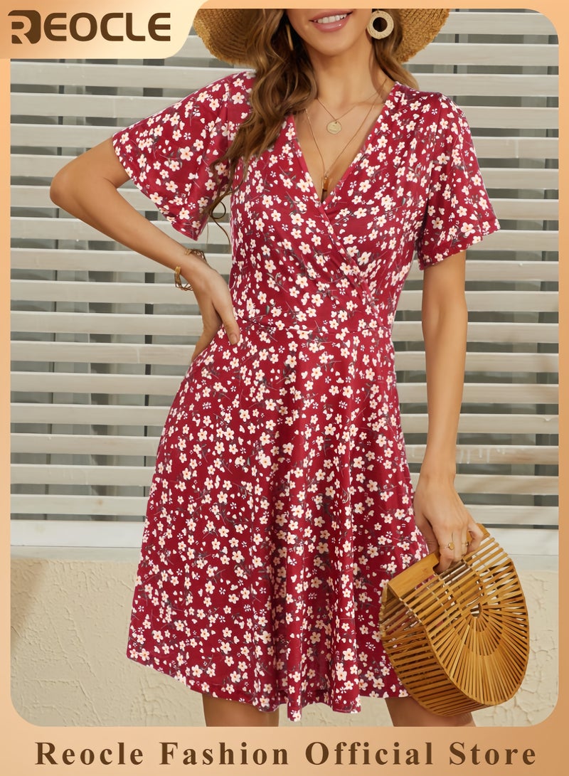 REOCLE Womens Sundress Summer Floral Short Sleeve Wrap V Neck A-Line Midi Dress - Image 1