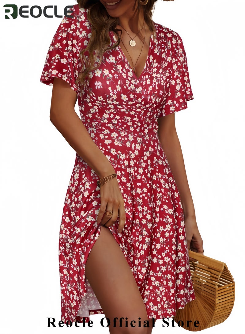 REOCLE Womens Sundress Summer Floral Short Sleeve Wrap V Neck A-Line Midi Dress - Image 4